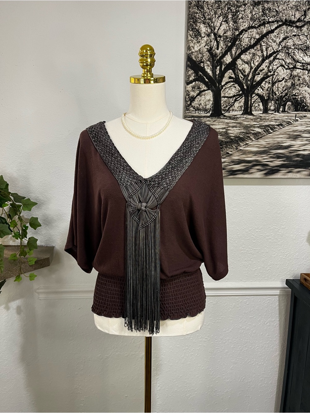 Ginger G Chocolate Brown V-Neck Fringe Knit Top Medium